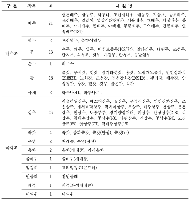 토종채소 수집자원목록(배추과, 국화과)