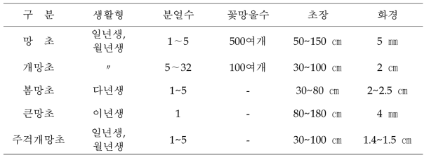 망초류의 생육특성 비교(김과 박, 2009a)