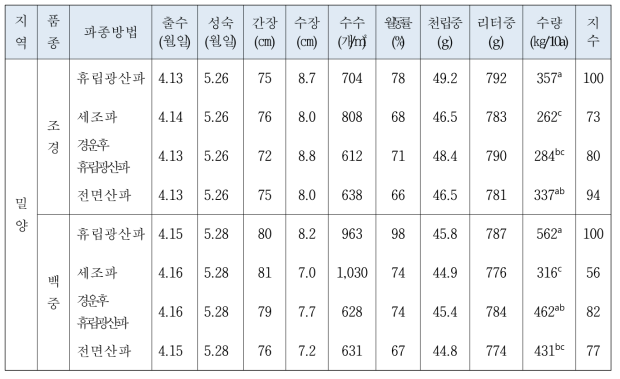 시험지별 생육 및 수량성(밀양)