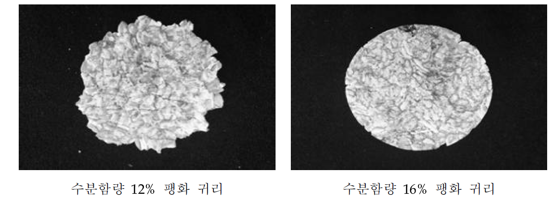 쌀귀리 수분함량에 따른 팽화귀리 형상