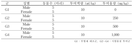 단회투여 경구독성 시험군의 구성