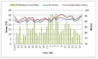 이앙시기별 기온, 수온, 상대습도 변화(RH: 1 m height)