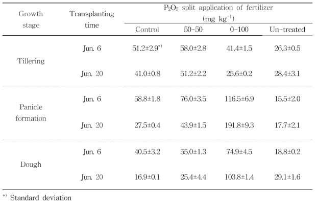 인산 분시비율에 따른 벼 생육 시기별 토양 유효인산 함량 변화