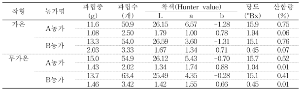 작형에 따른 수확기 과실 특성 (평균/표준편차)