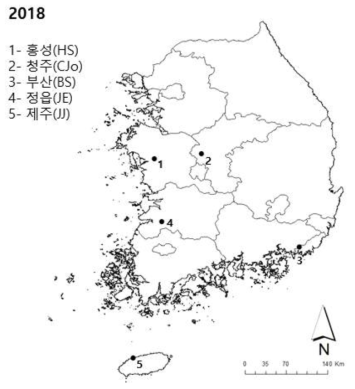2018년 국내 목화진딧물 채집지역