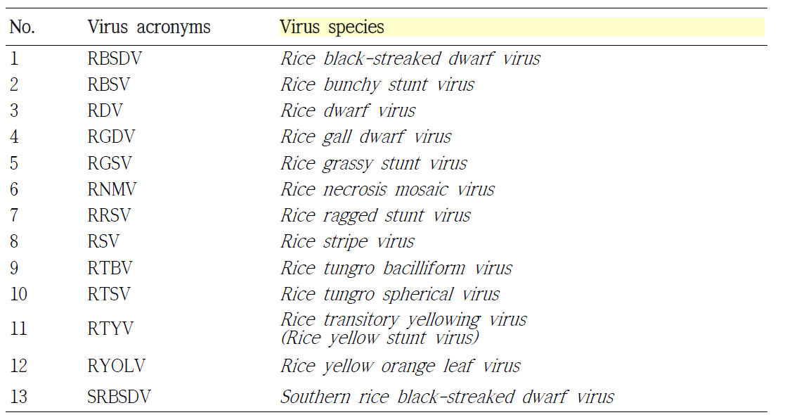 아시아지역 주요 벼 바이러스 목록 (총 13 종)