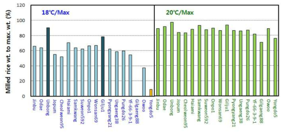 출수 후 40일간 18, 20℃에서 품종별 최고 쌀수량 대비 비율(2년간 통합성적, 길갱88/오우벼/용도5는 ‘17년 성적)