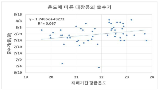 재배기간 온도에 따른 춘천, 밀양 지역 태광콩의 수량