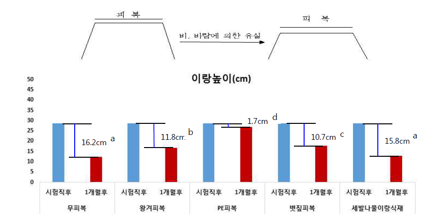 The height change of ridge laid with covering materials at reclaimed land in one month * The same letters in each property are not significantly different at 5% level by DMRT
