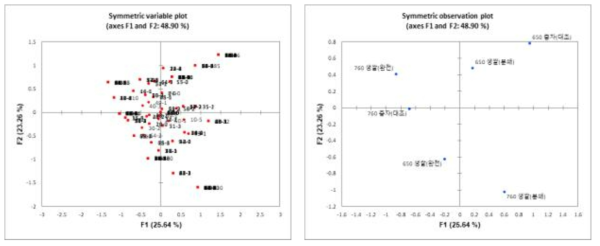 효모별 팽화미 이용 증류식 소주의 다중대응일치분석(MCA)