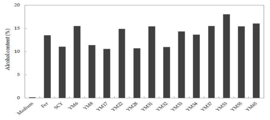 Ethanol contents of isolated wild yeasts after 10 days fermentation