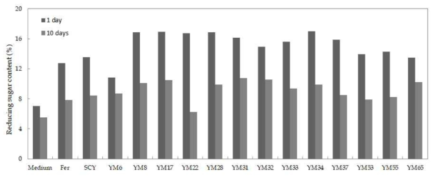 Changes in reducing sugar contents of isolated wild yeasts after 10 days fermentation