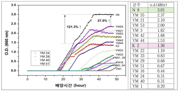 버퍼용액(pH 3.2)에서 배양시간에 따른 균체의 증식곡선