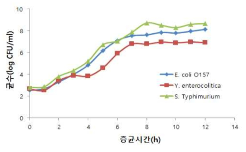 EE + cefsulodin medium에서 3종 미생물의 성장 비교