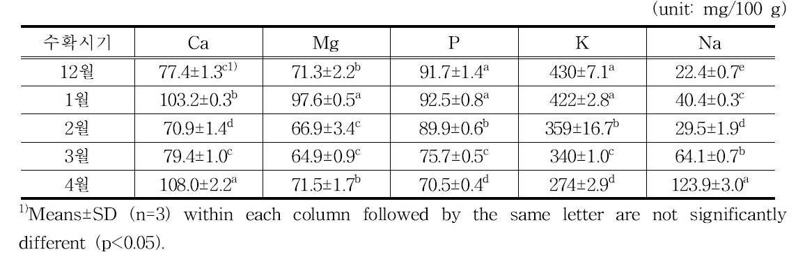 섬초의 수확시기별 무기질 함량
