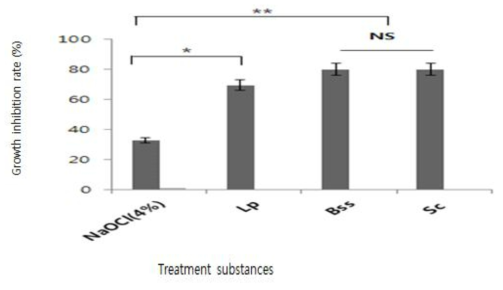 EM 구성 균주별 배양액의 상층액에 대한 M. anisopliae의 Growth Inhibition Rate(%)