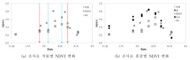 조사료 작물 및 품종별 시계열 NDVI 변화