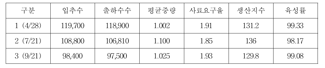 간이 계사에서의 백세미 생산성 비교