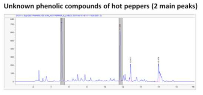고추 꽃의 샘플의 크로마토그램(2가지의 주요한 미구명 물질 피크)