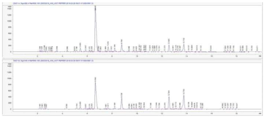 고추 과실 및 잎에서의 페놀물질 분리 크로마토 그램