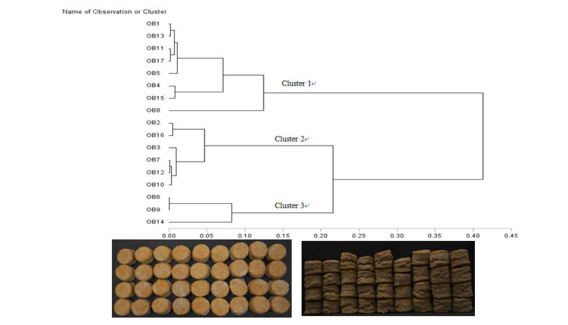 Dendrogram classification of 17 soft red wheat brans by Ward’s method using whole wheat biscuit height and index of flatness as variables (base flour, USG3120). Cluster 1, n=8; Cluster 2, n=6; Cluster 3, n=3