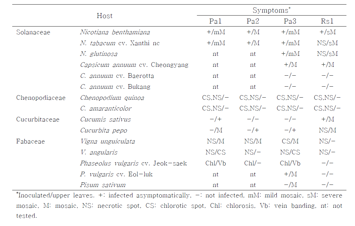 CMV-Pa1, Pa2, Pa3의 지표식물에서의 기주반응