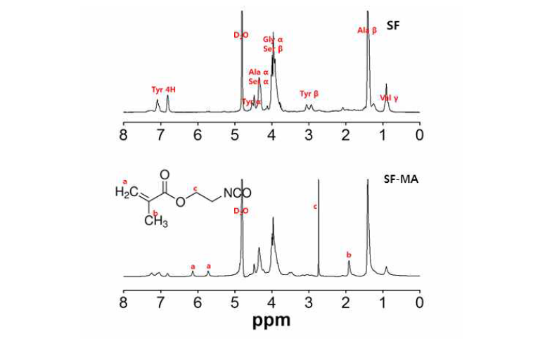 실크 피브로인과 실크 피브로인-메타크릴레이트 유도체의 1H-NMR 스펙트럼