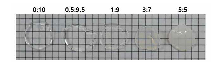 SF/HA 복합 하이드로젤의 용액 혼합비에 따른 하이드로젤 형태(Grid: 2 mm)