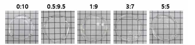 에탄올로 처리된 SF/HA 복합 하이드로젤의 용액 혼합비에 따른 하이드로젤 형태(Grid: 2 mm)