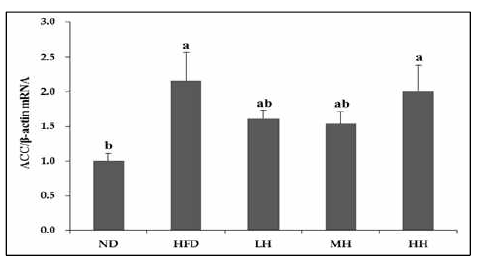 Hepatic mRNA expression of ACC in mice fed experimental diets for 12 weeks