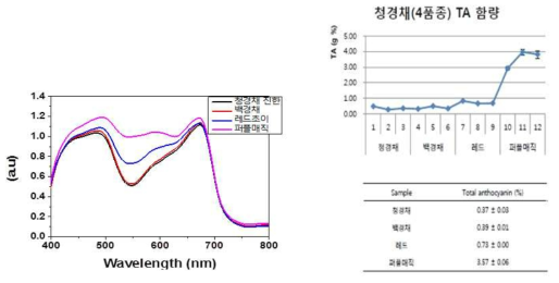 초분광 측정결과와 파괴분석을 통해 측정된 안토시아닌 함량