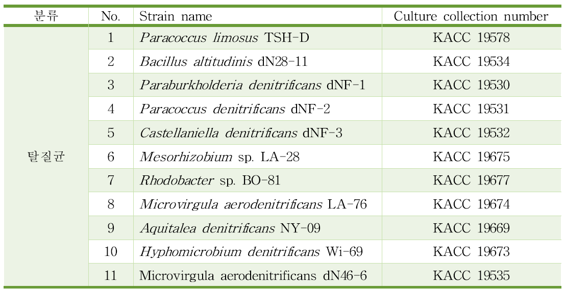 미생물은행에 기탁한 대표적인 탈질 활성균