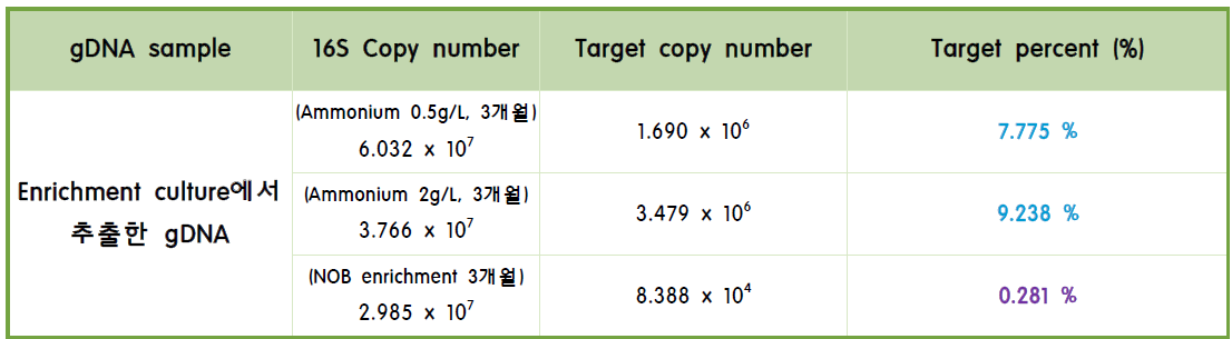 Enrichment culutre에서 추출한 gDNA를 사용하여, 박테리아 (16S rDNA) 대비 질산화균 (amoA, nxrB) 비율