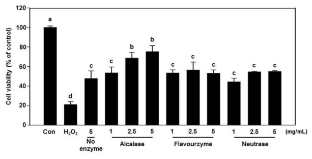 Protective effects of three different protein hydrolysates from Tenebrio molitor larvae against H2O2-induced cytotoxicity in AML-12 cells. After 24 h treatment with different concentrations of each hydrolysate, the media were replaced with new media containing H2O2 (7 mM) and the cells were incubated for another 5 hours. Cell viability was then measured by an MTT assay. Each value is mean±SE (n≥3) and different superscripts are significantly different at P <0.05