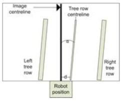 Lateral- and angular deviation calculation in the Hough transform navigation algorithm. d is the lateral deviation from the centre of the path and is the angular deviation from the tree row direction