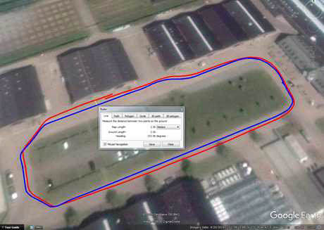 : The RTK-GPS driven path is indicated by the blue line and the D-GPS driven path with the red line. Although located closely (15 cm) to each other on the cabine of the tractor, still a maximum deviation of 3.3 m is observed between both signals