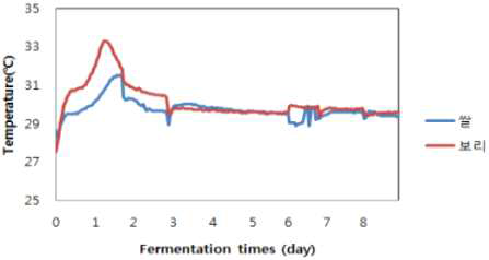 발효기간에 따른 막걸리의 품온 변화