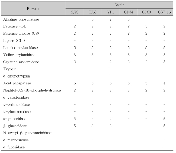 Enzymatic activity scores of six types of selected yeasts by API ZYM kit