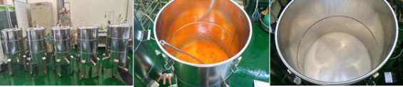 The images of the large scale fermentation process (left) of persimmon wine (middle) and apple cider (right)