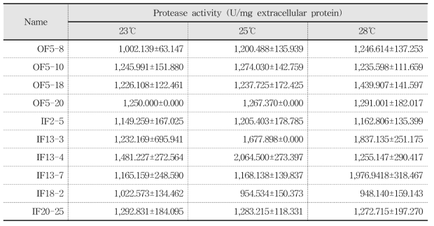 The quantitative analysis of acidic protease for each starter by fermentation temperature