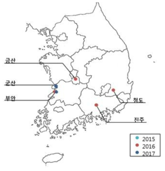 2015~2018년 자두곰보바이러스 공적방제 지역