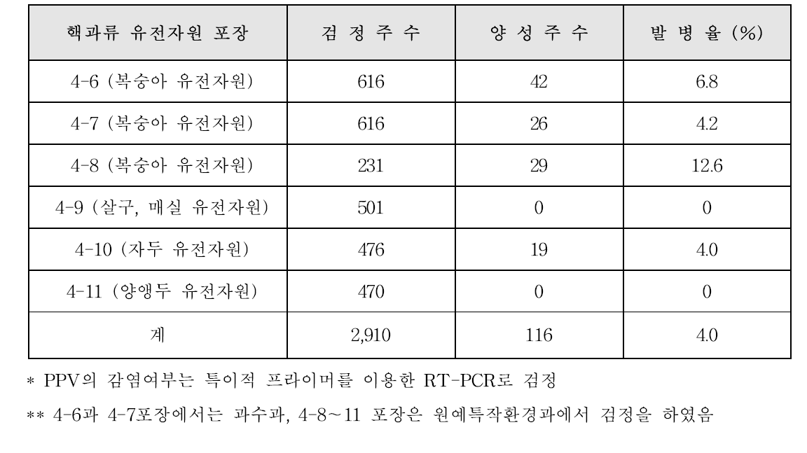 국립원예특작과학원 핵과류 유전자원 포장에서 자두곰보바이러스병의 발병율