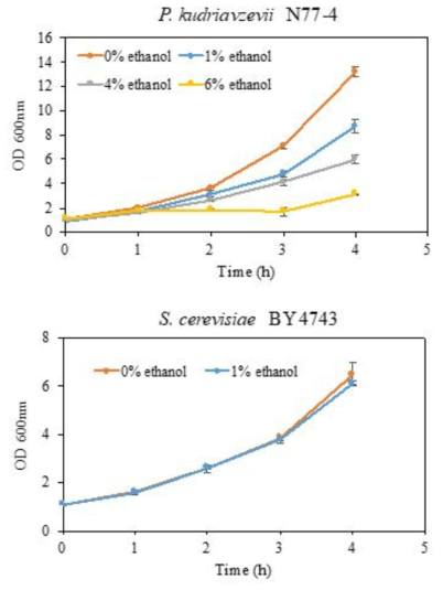 Growth ability of N77-4 and lab (BY4743) strains under liquid culture conditions containing 0%, 1%, 4% and 6% ethanol