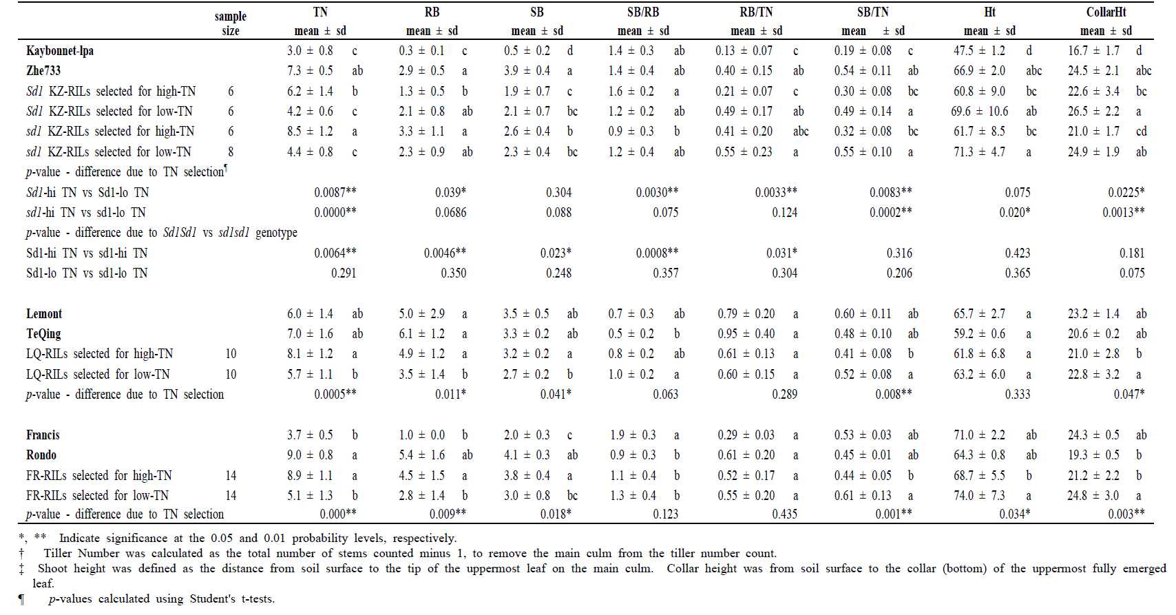 Means and means comparisons of trait data from 6-wk-old plants of parents and recombinant inbred line (RIL) progeny of three populations. Tiller number, TN; root biomass, RB, shoot biomass, SB; shoot to root ratio, SB/RB; root biomass per tiller, RB/TN; shoot biomass per tiller, SB/TN; shoot height in cm, Ht; collar height‡ in cm, CollarHt