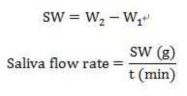 저작 동안 분비되는 침의 속도 및 침의 양 계산식