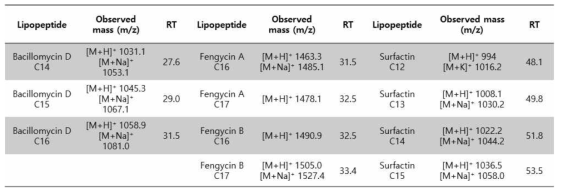 ESI-LC-MS에 의해 분석된 리포펩타이드의 종류와 분자량, 그리고 retention time (RT)