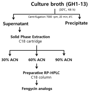 GH1-13 배양 상등액으로부터 Fengycin 정제를 위한 모식도
