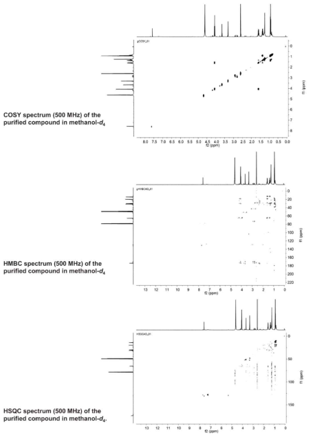 COSY, HMBC, and HSQC spectra of nuclear magnetic resonance (NMR) spectroscopy of the purified antifungal compound in methanol-d4 at 500 MHz