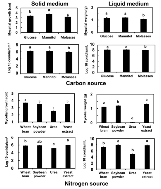 Effects of various carbon sources and nitrogen sources on the growth of Isaria javanica pf185. The studies were performed in solid and liquid medium with 0.3% yeast extract as the sole nitrogen source or 3% glucose as the sole carbon source and different carbon or nitrogen sources. Data are the means ± standard deviations from two independent experiments with three replicates per treatment, and the different letters indicate significant differences between the fungal isolate pf185 grown using various carbon sources according to one-way analysis of variance (ANOVA) at P < 0.05