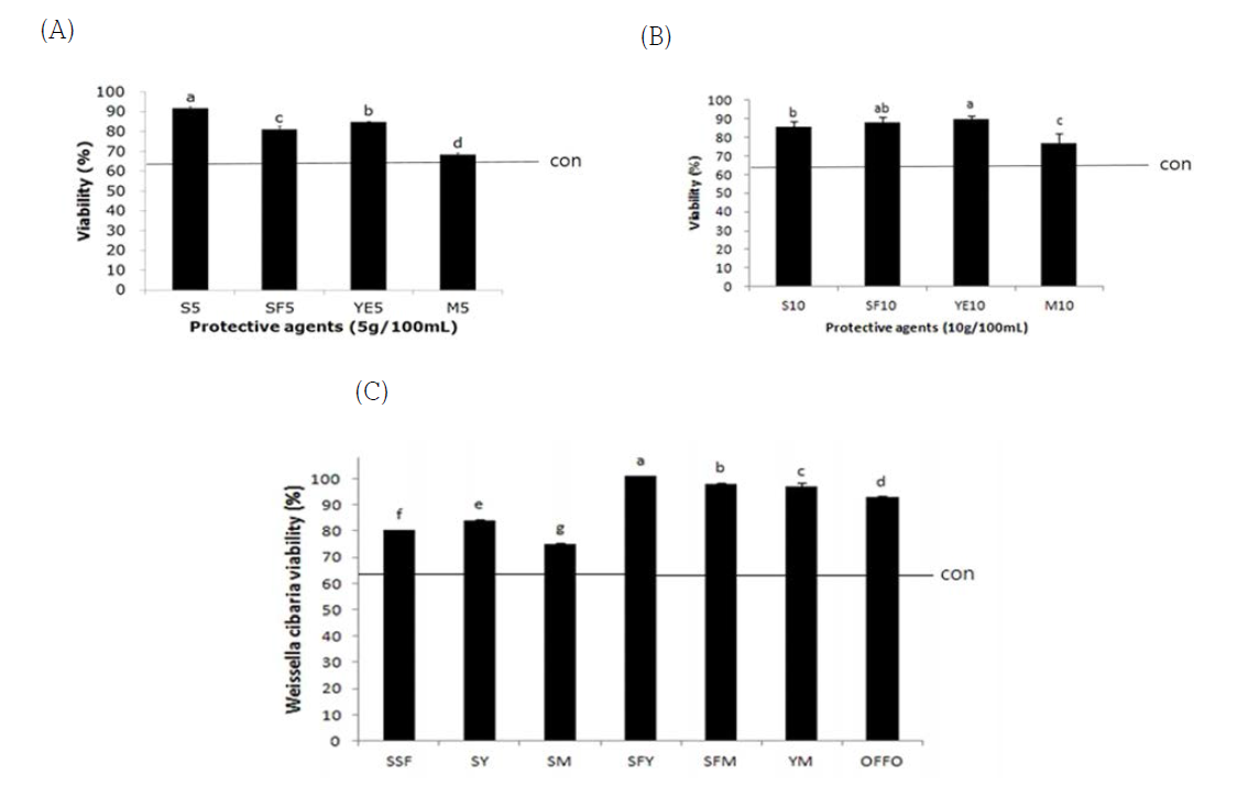 Effect of protective agent on viability of W. cibaria JW15 during freeze drying Data are expressed as means ± SD with different letters indicating a significant differences according to ANOVA with Duncan’s multiple range test (p < 0.05). S5, skimmed milk 5 g; SF5, soy flour 5 g; YE5, yeast extract 5 g; M5, maltodextrin 5 g; S10, skimmed milk 10 g; SF10, soy flour 10 g; YE10, yeast extract 10 g; M10, maltodextrin 10 g; SSF, skimmed milk 5 g + soy flour 5 g; SY, skimmed milk 5 g + yeast extract 5 g; SM, skimmed milk 5 g + maltodextrin 5 g; SFY, soy flour 5 g + yeast extract 5 g; SFM, soy flour 5 g + maltodextrin 5 g; YM, yeast extract 5 g + maltodextrin 5 g; OFFO, oat fiber 5 g + fructooligosaccharide 5g; control, without protective agent